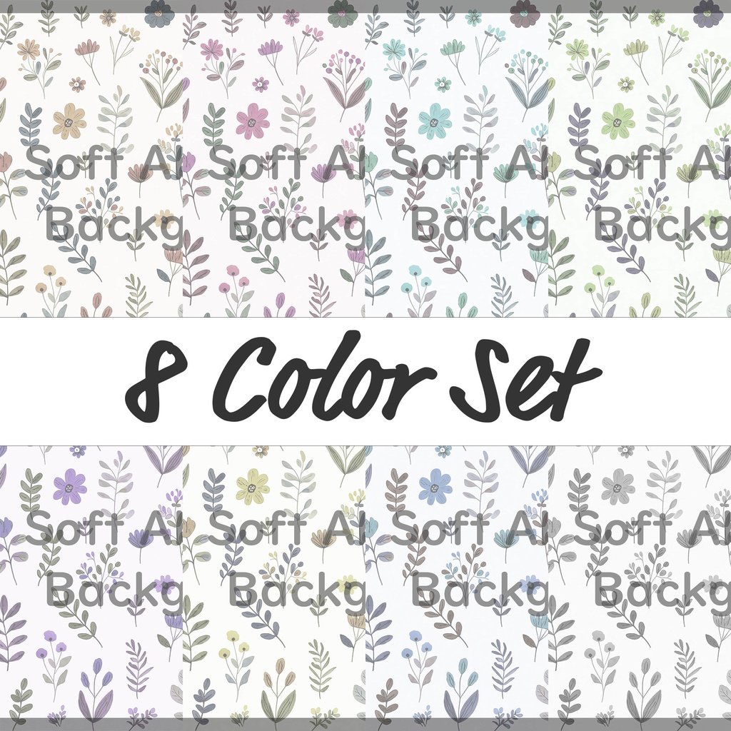 02_ナチュラルボタニカルフラワーパターン背景素材|やさしい北欧風草花装飾模様(8色セット)
