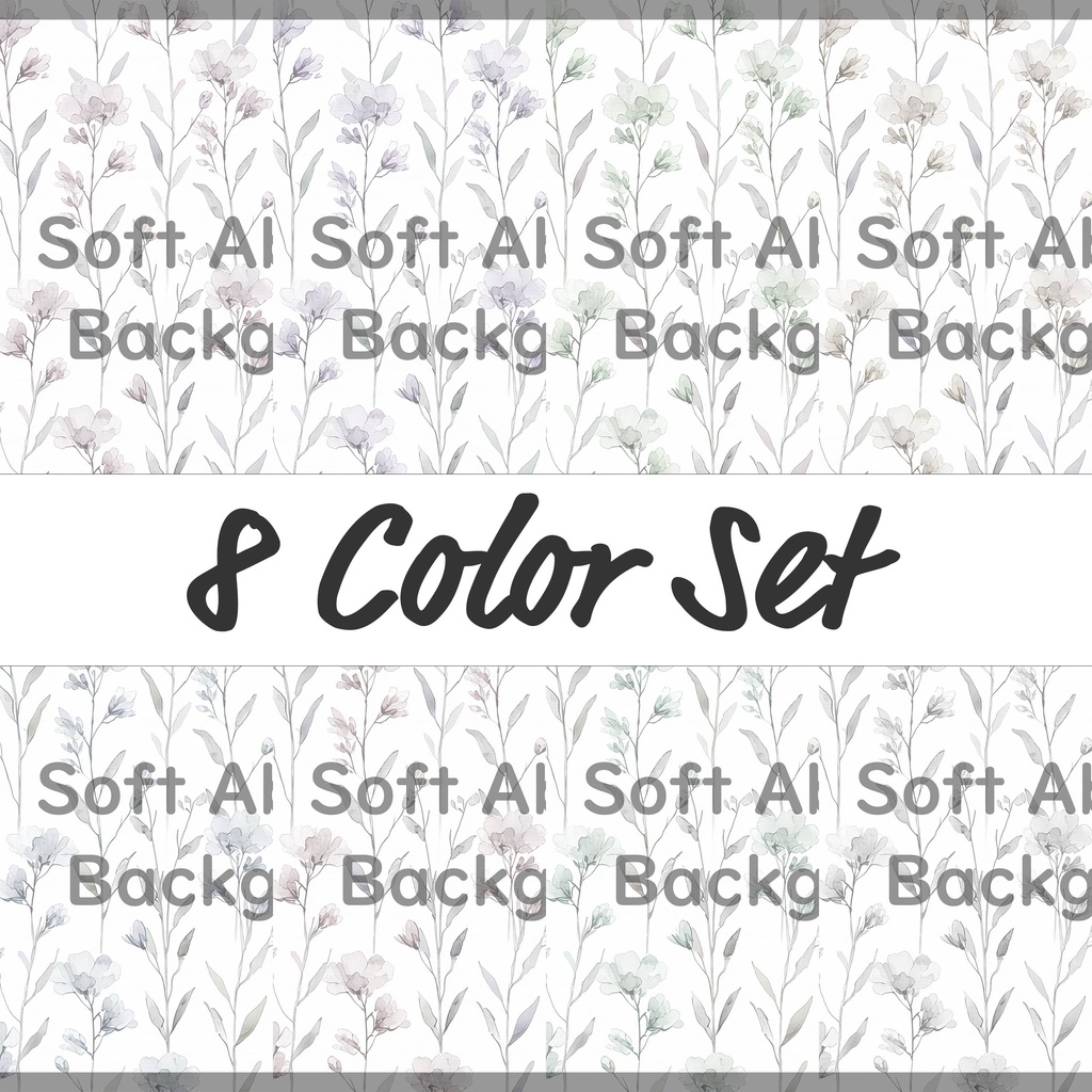 02_やわらか水彩ボタニカルフラワーパターン背景素材｜淡色ナチュラル草花模様（8色セット）