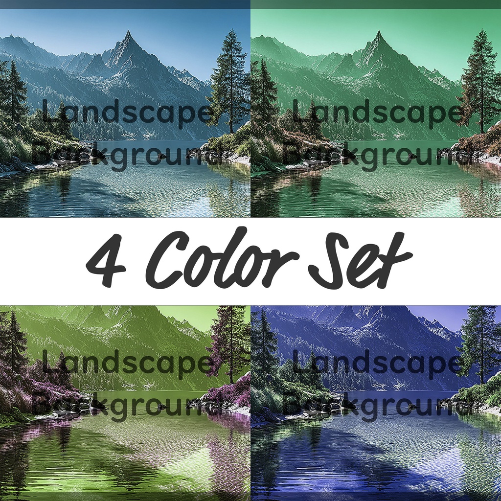 01_神秘的な高原湖と山並み背景素材｜透明感ある自然デザイン（4色セット）