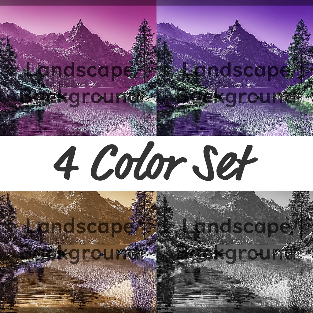 02_神秘的な高原湖と山並み背景素材｜透明感ある自然デザイン（4色セット）
