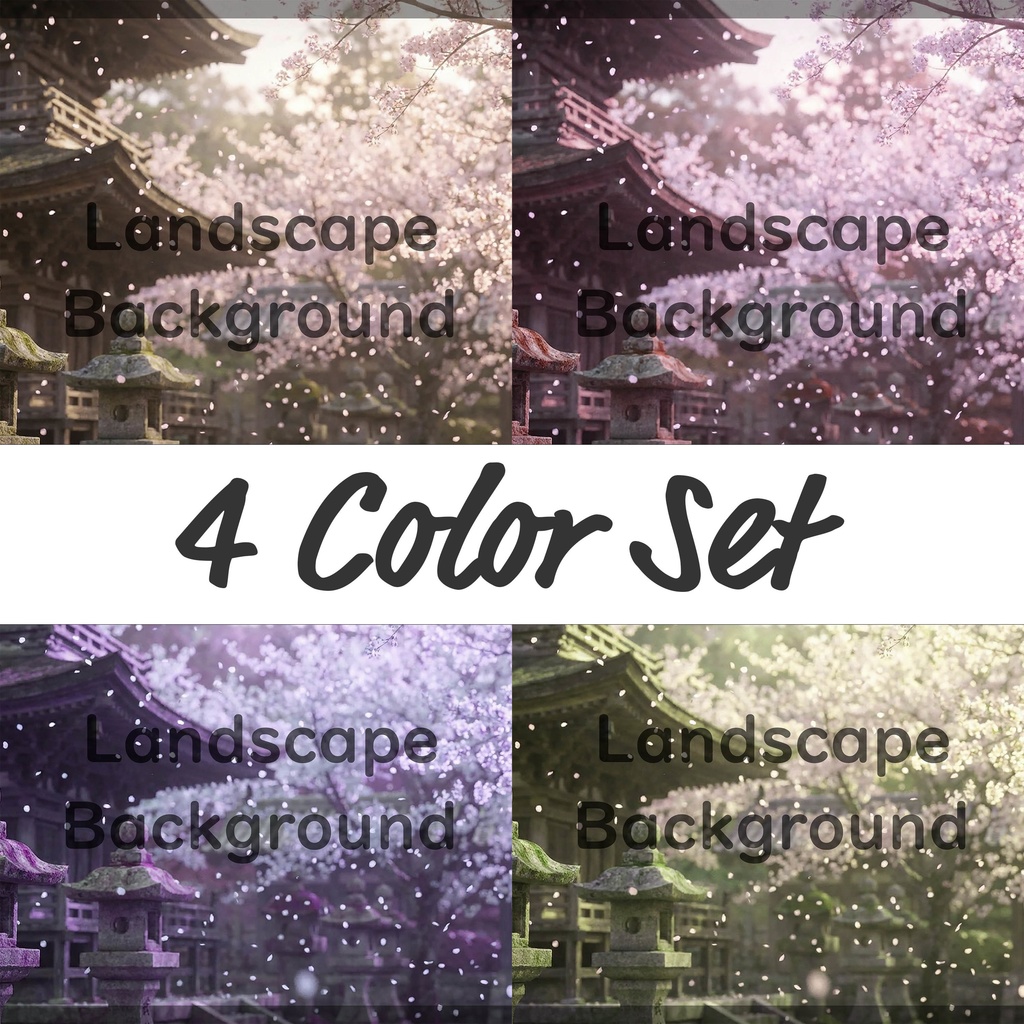 01_光に包まれる桜寺院庭園背景|上品な和の景色(4色セット)