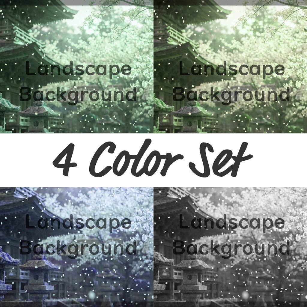 02_光に包まれる桜寺院庭園背景|上品な和の景色(4色セット)