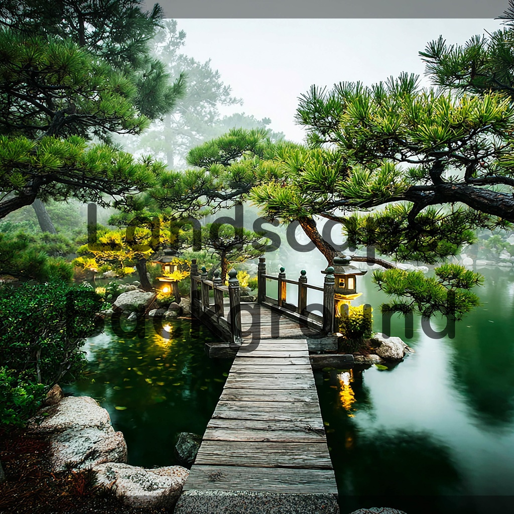 01_光揺らめく日本庭園橋背景｜静謐な和の世界