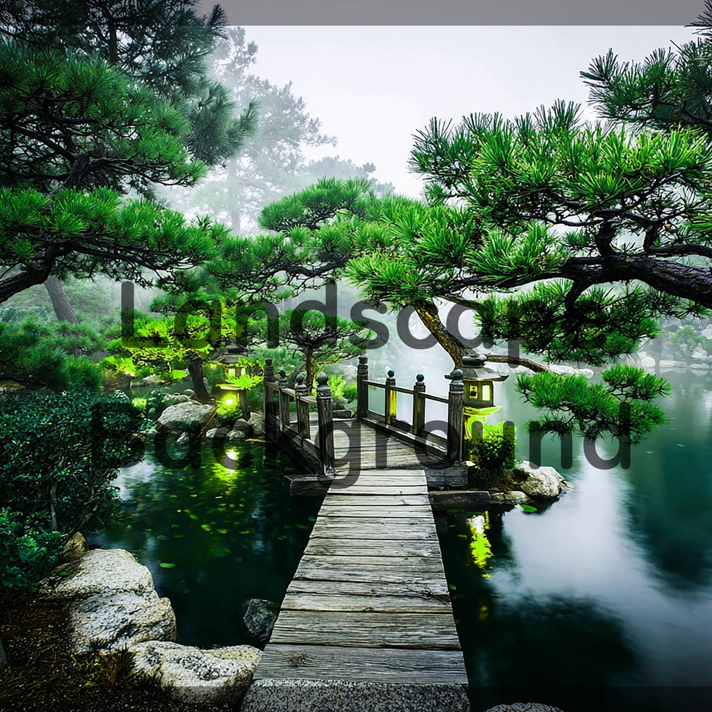 01_光揺らめく日本庭園橋背景|静謐な和の世界(4色セット)