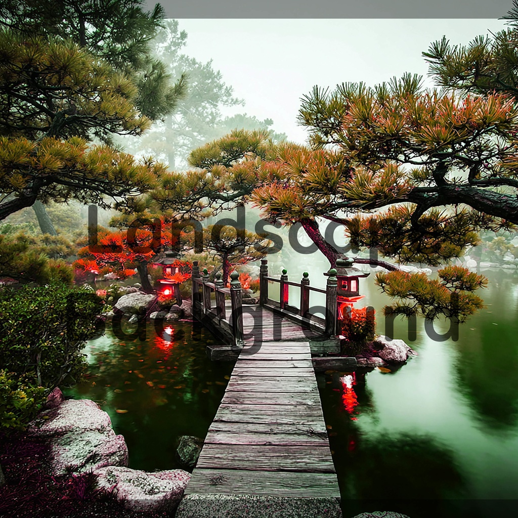 01_光揺らめく日本庭園橋背景|静謐な和の世界(4色セット)