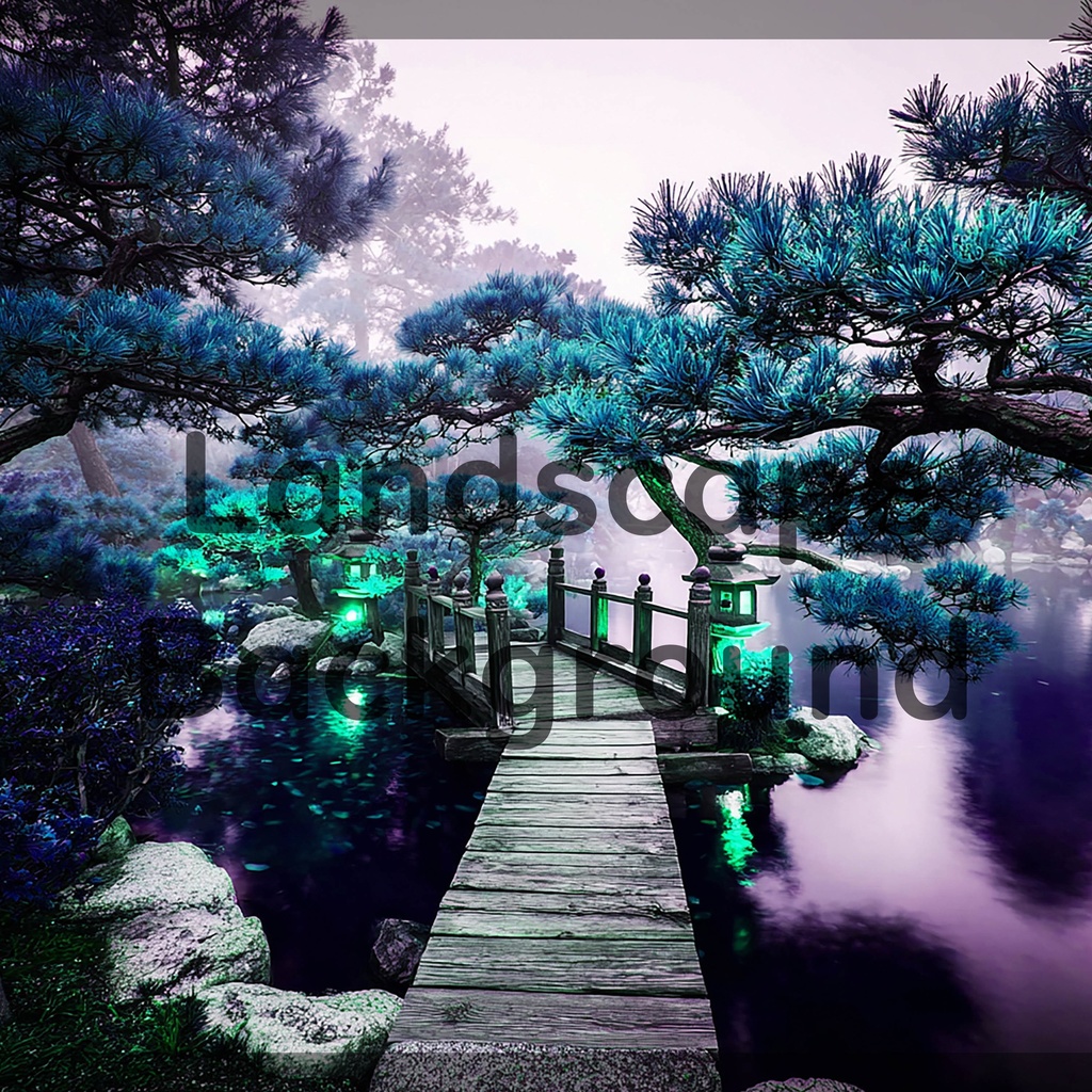 02_光揺らめく日本庭園橋背景|静謐な和の世界(4色セット)