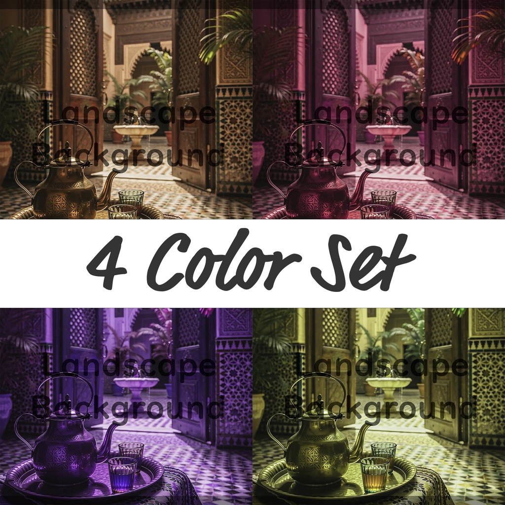 01_アラビアン中庭ティー背景｜優雅な宮殿空間（4色セット）