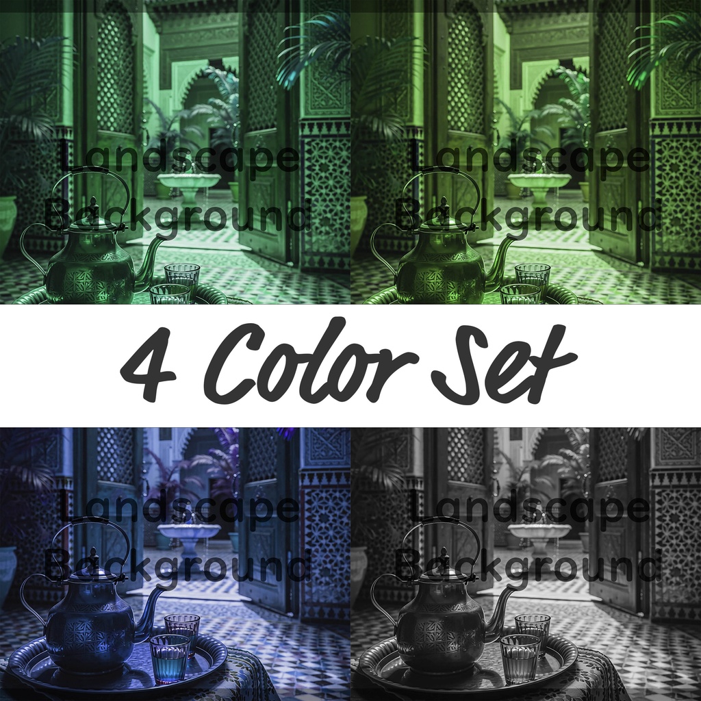 02_アラビアン中庭ティー背景｜優雅な宮殿空間（4色セット）