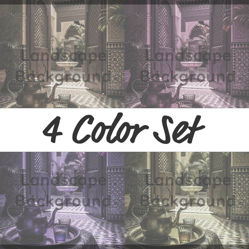 03_アラビアン中庭ティー背景｜優雅な宮殿空間（4色セット）