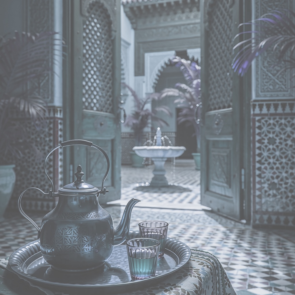 04_アラビアン中庭ティー背景|優雅な宮殿空間(4色セット)
