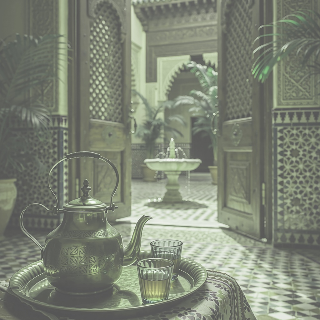 04_アラビアン中庭ティー背景|優雅な宮殿空間(4色セット)