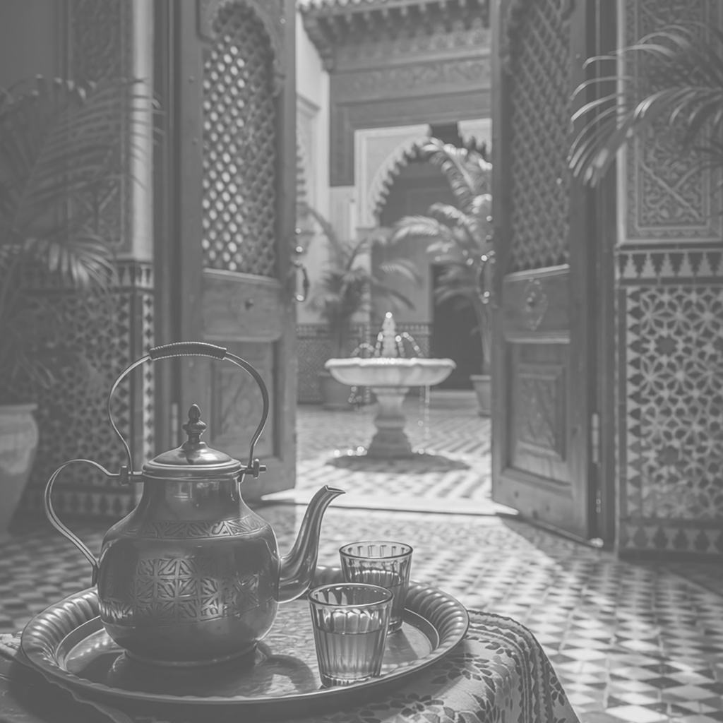 04_アラビアン中庭ティー背景|優雅な宮殿空間(4色セット)