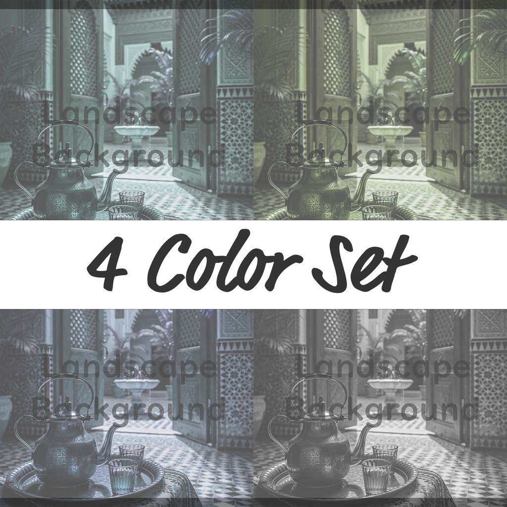 04_アラビアン中庭ティー背景｜優雅な宮殿空間（4色セット）