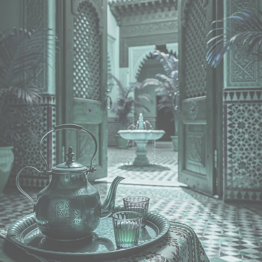 04_アラビアン中庭ティー背景|優雅な宮殿空間(4色セット)