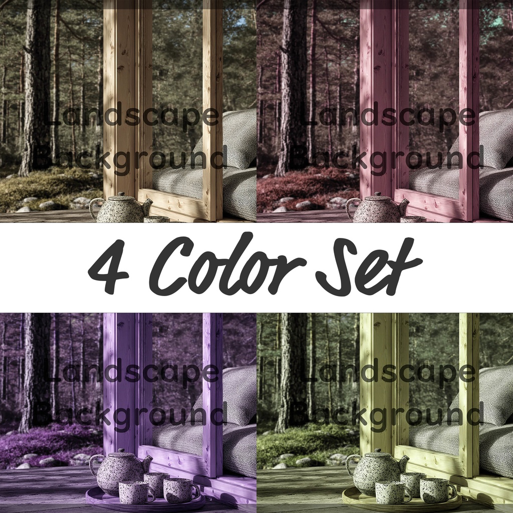 01_森を望むウッドキャビン背景|静かなティータイム(4色セット)