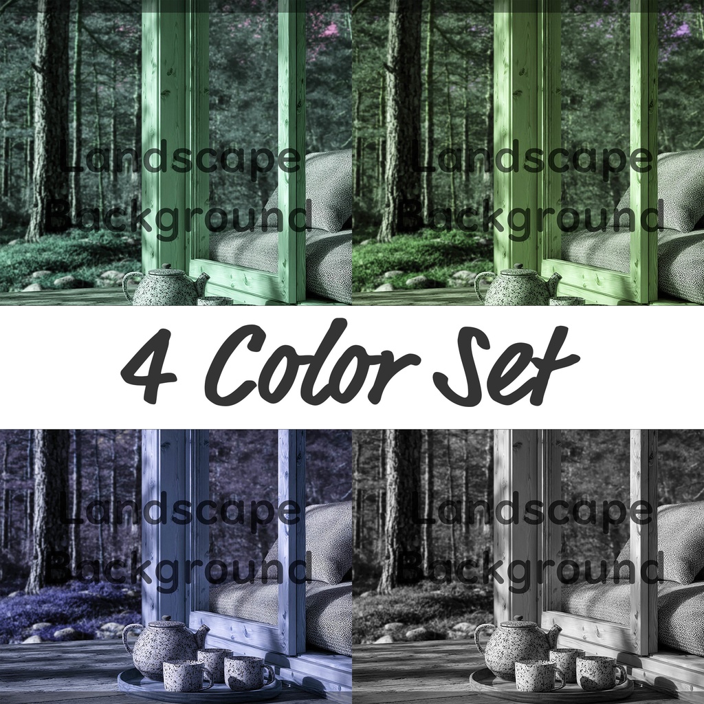 02_森を望むウッドキャビン背景｜静かなティータイム（4色セット）