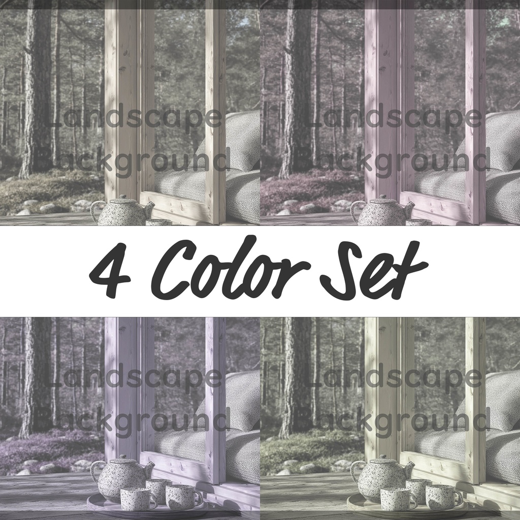 03_森を望むウッドキャビン背景|静かなティータイム(4色セット)