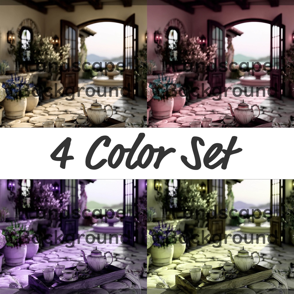 01_地中海ヴィラテラス背景|優雅なティータイム空間(4色セット)