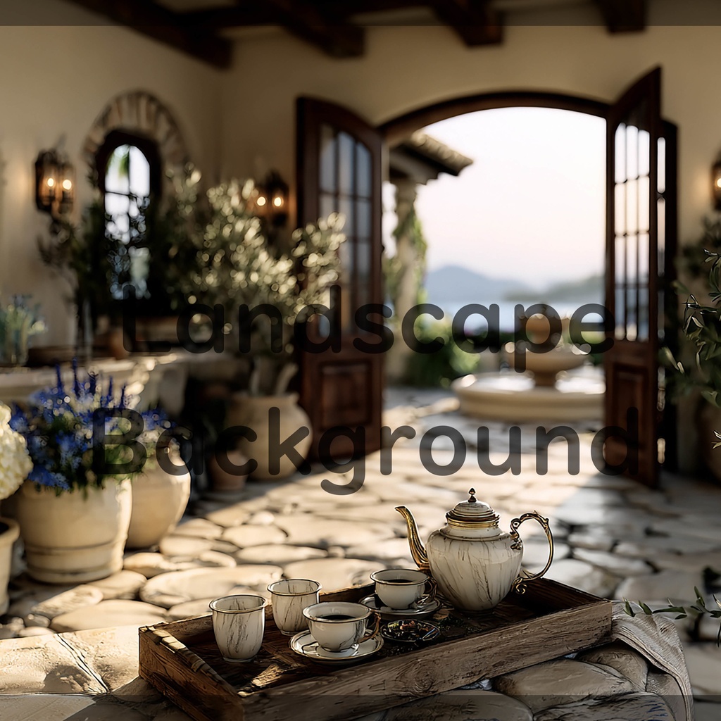 01_地中海ヴィラテラス背景|優雅なティータイム空間(4色セット)