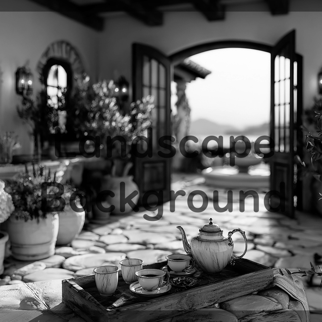 02_地中海ヴィラテラス背景|優雅なティータイム空間(4色セット)