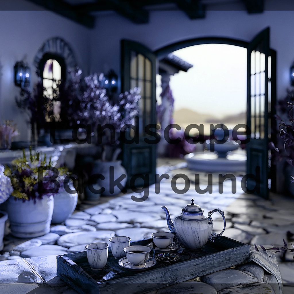 02_地中海ヴィラテラス背景|優雅なティータイム空間(4色セット)