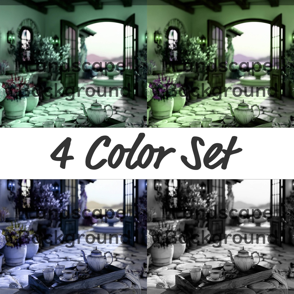 02_地中海ヴィラテラス背景｜優雅なティータイム空間（4色セット）