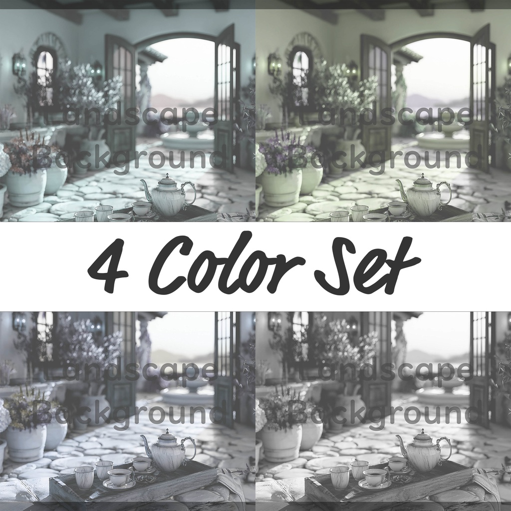 04_地中海ヴィラテラス背景｜優雅なティータイム空間（4色セット）