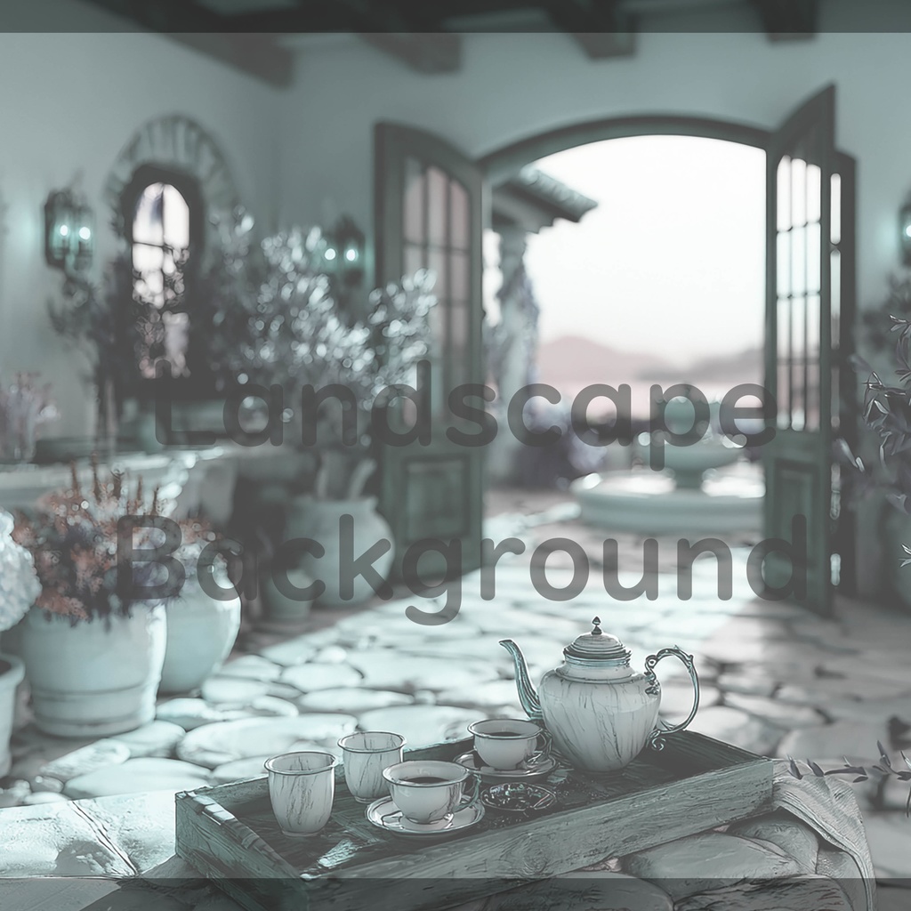 04_地中海ヴィラテラス背景|優雅なティータイム空間(4色セット)