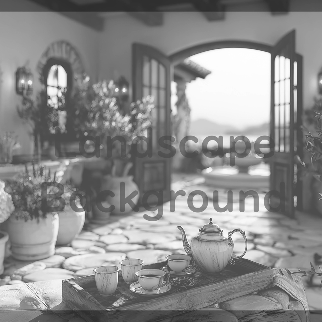 04_地中海ヴィラテラス背景|優雅なティータイム空間(4色セット)