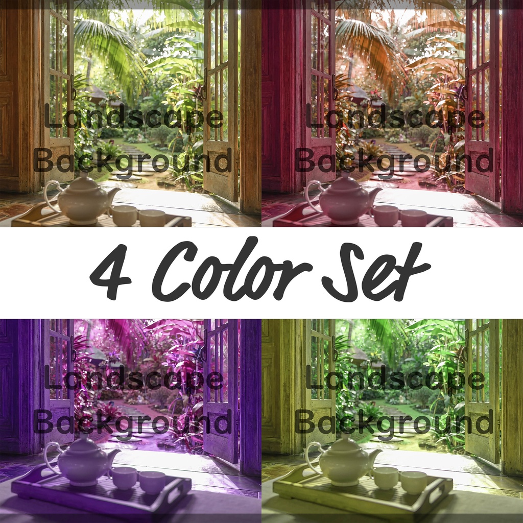 01_南国ガーデンティータイム背景|静かなリゾート空間(4色セット)