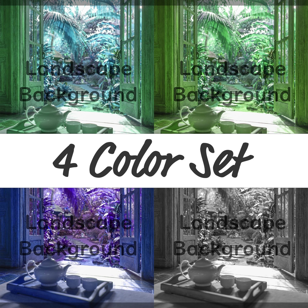 02_南国ガーデンティータイム背景|静かなリゾート空間(4色セット)