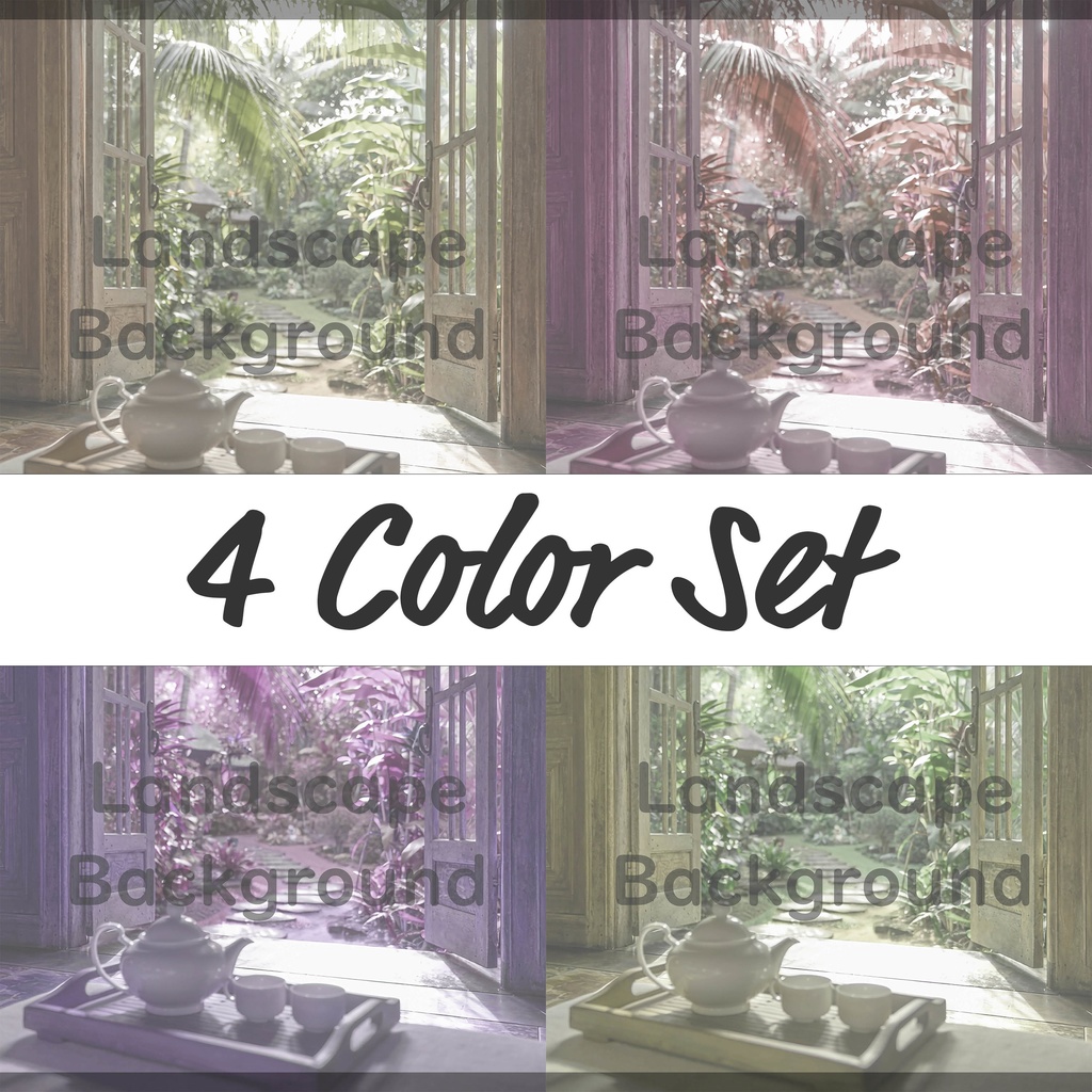 03_南国ガーデンティータイム背景｜静かなリゾート空間（4色セット）