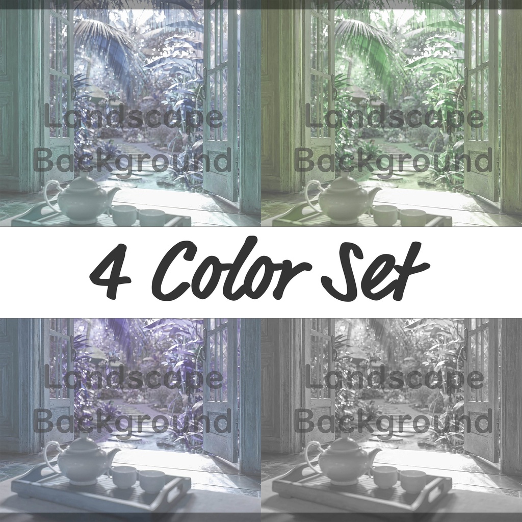 04_南国ガーデンティータイム背景|静かなリゾート空間(4色セット)