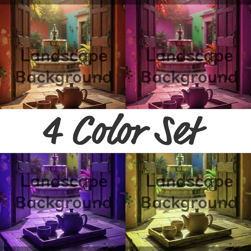 01_中庭テラスティータイム背景|静かで癒しの空間(4色セット)