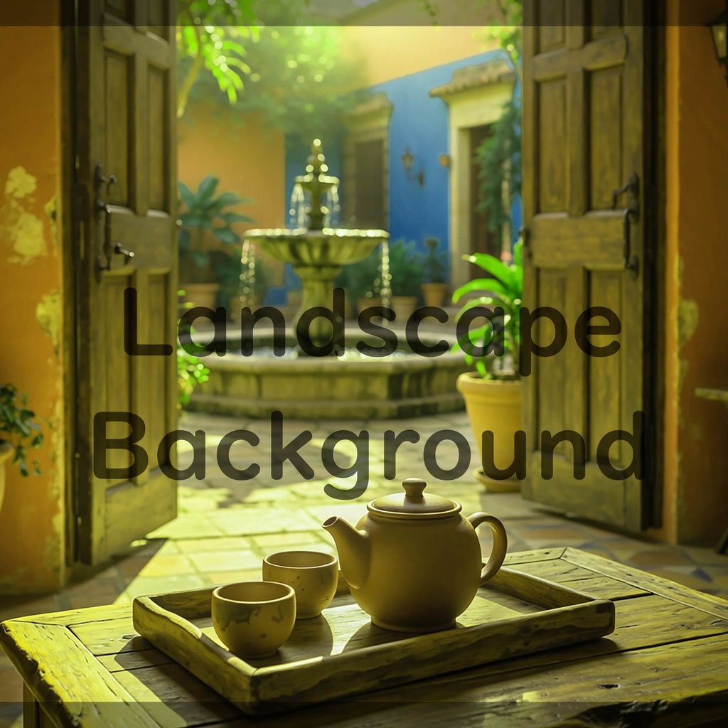 01_中庭テラスティータイム背景|静かで癒しの空間(4色セット)