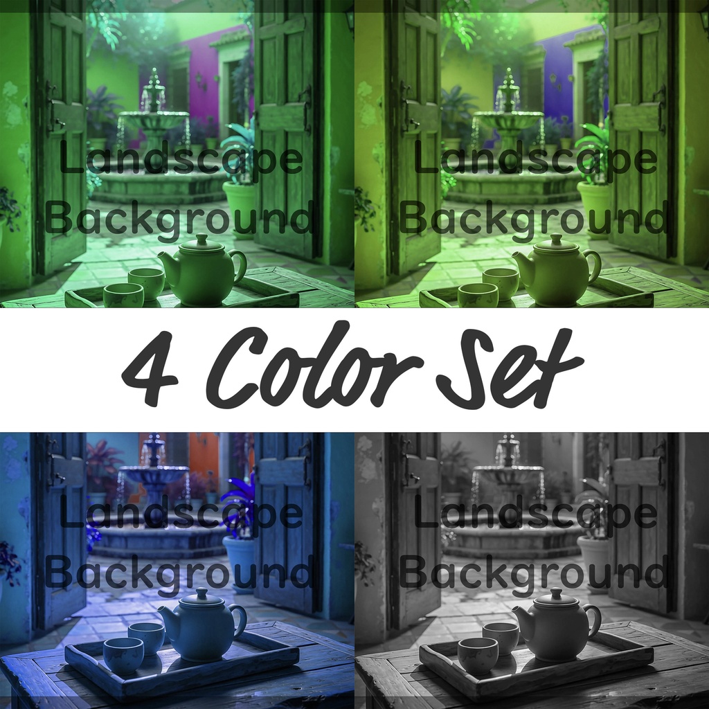 02_中庭テラスティータイム背景|静かで癒しの空間(4色セット)