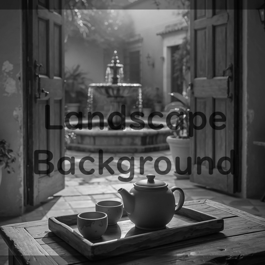 02_中庭テラスティータイム背景|静かで癒しの空間(4色セット)