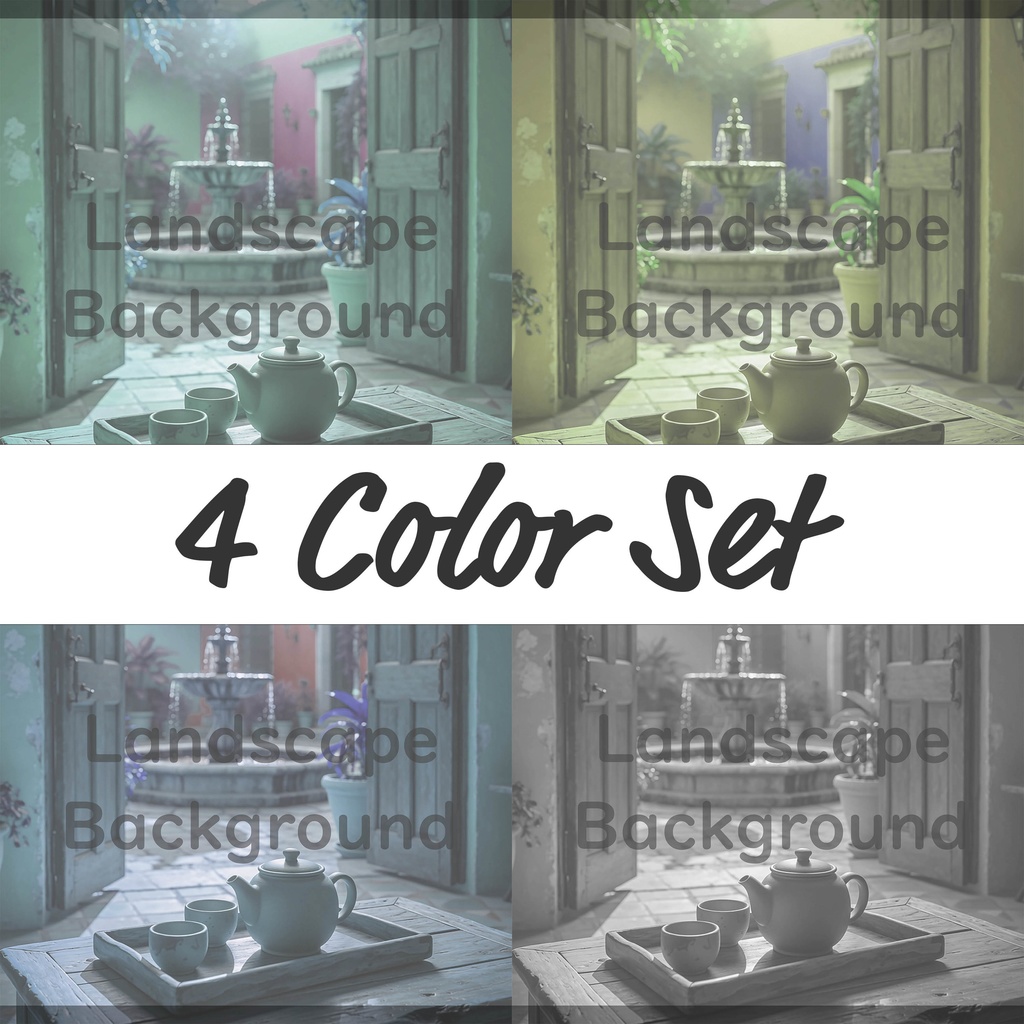 04_中庭テラスティータイム背景|静かで癒しの空間(4色セット)