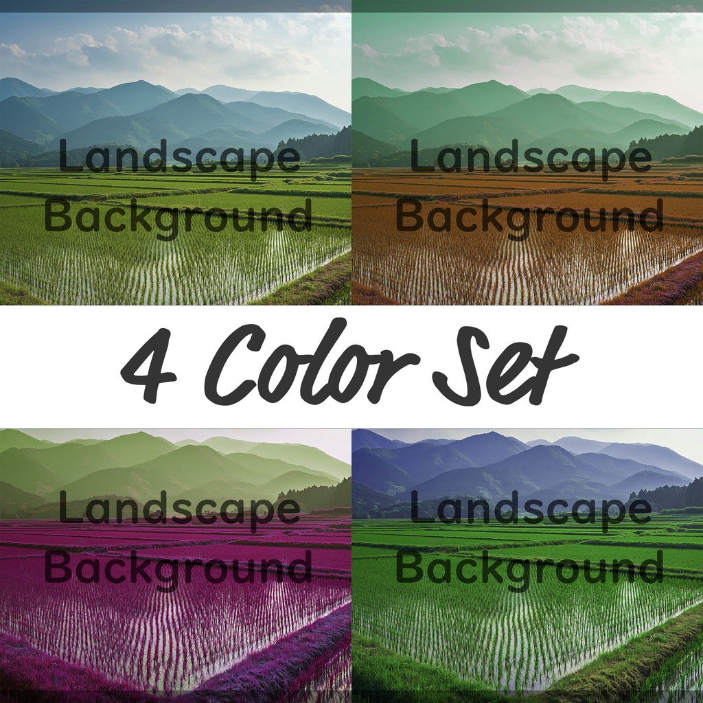 01_広がる水田と山並み風景背景｜穏やかな田園の景色（4色セット）