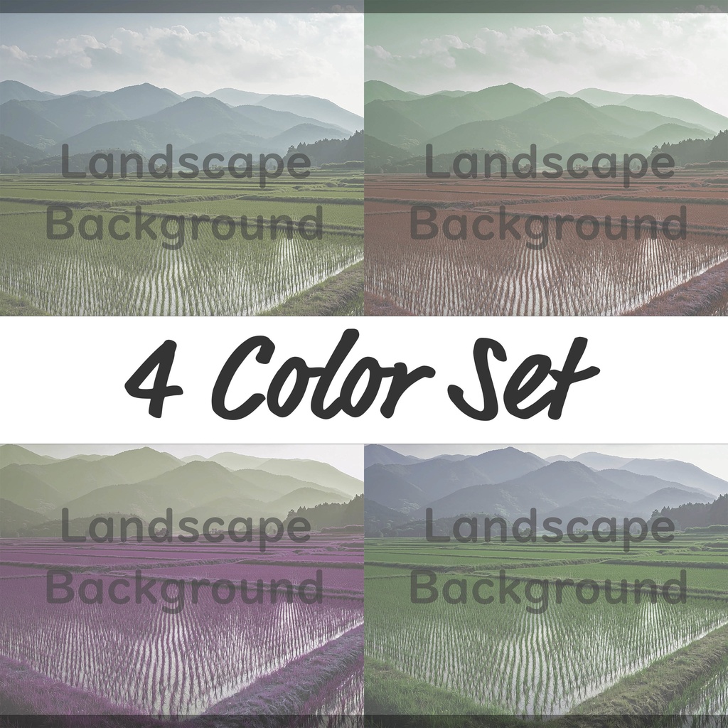 03_広がる水田と山並み風景背景｜穏やかな田園の景色（4色セット）