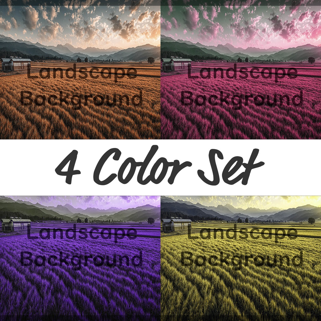 01_広がる田園と山並みの風景背景｜静かな農村の景色（4色セット）