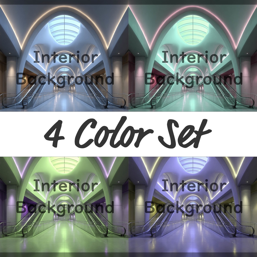 01_エスカレーター広場空間背景｜モダン建築デザイン（4色セット）