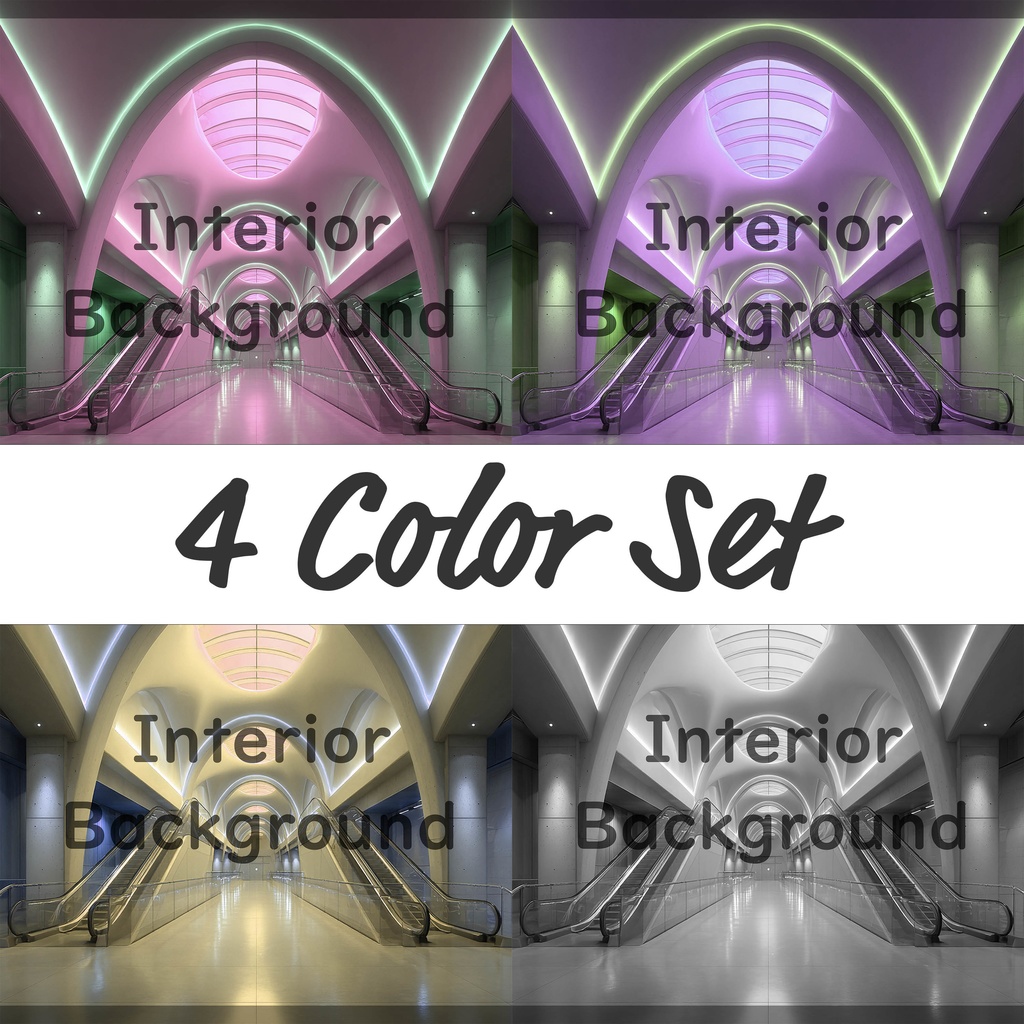 02_エスカレーター広場空間背景｜モダン建築デザイン（4色セット）