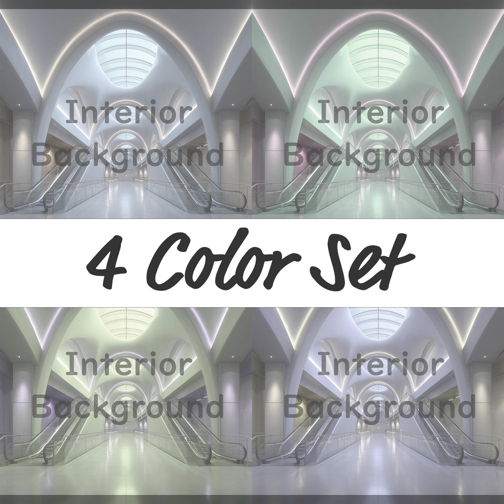 03_エスカレーター広場空間背景｜モダン建築デザイン（4色セット）