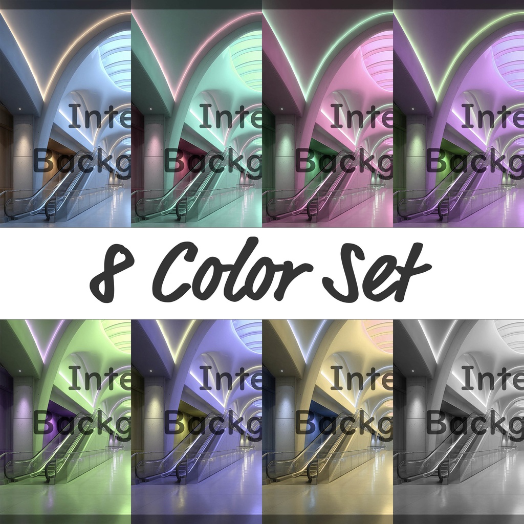 01_エスカレーター広場空間背景｜モダン建築デザイン（8色セット）