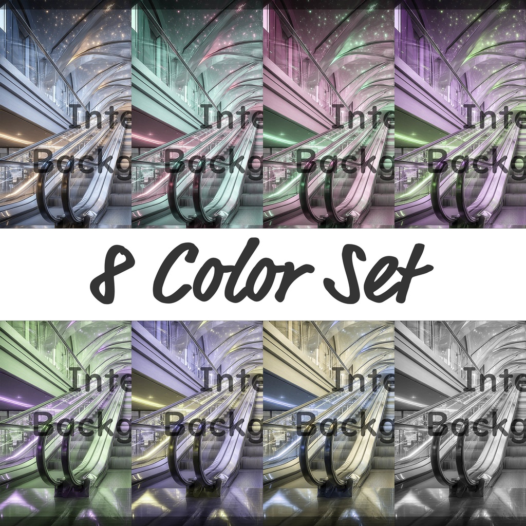 01_光天井エスカレーター空間背景｜未来通路デザイン（8色セット）