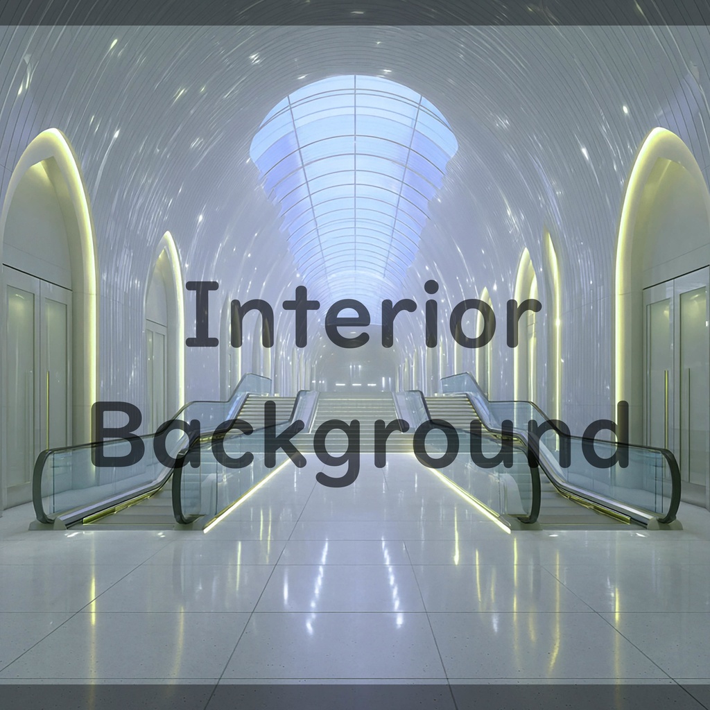 01_真珠壁ホール空間エスカレーター背景|光反射フロア建築デザイン(4色セット)