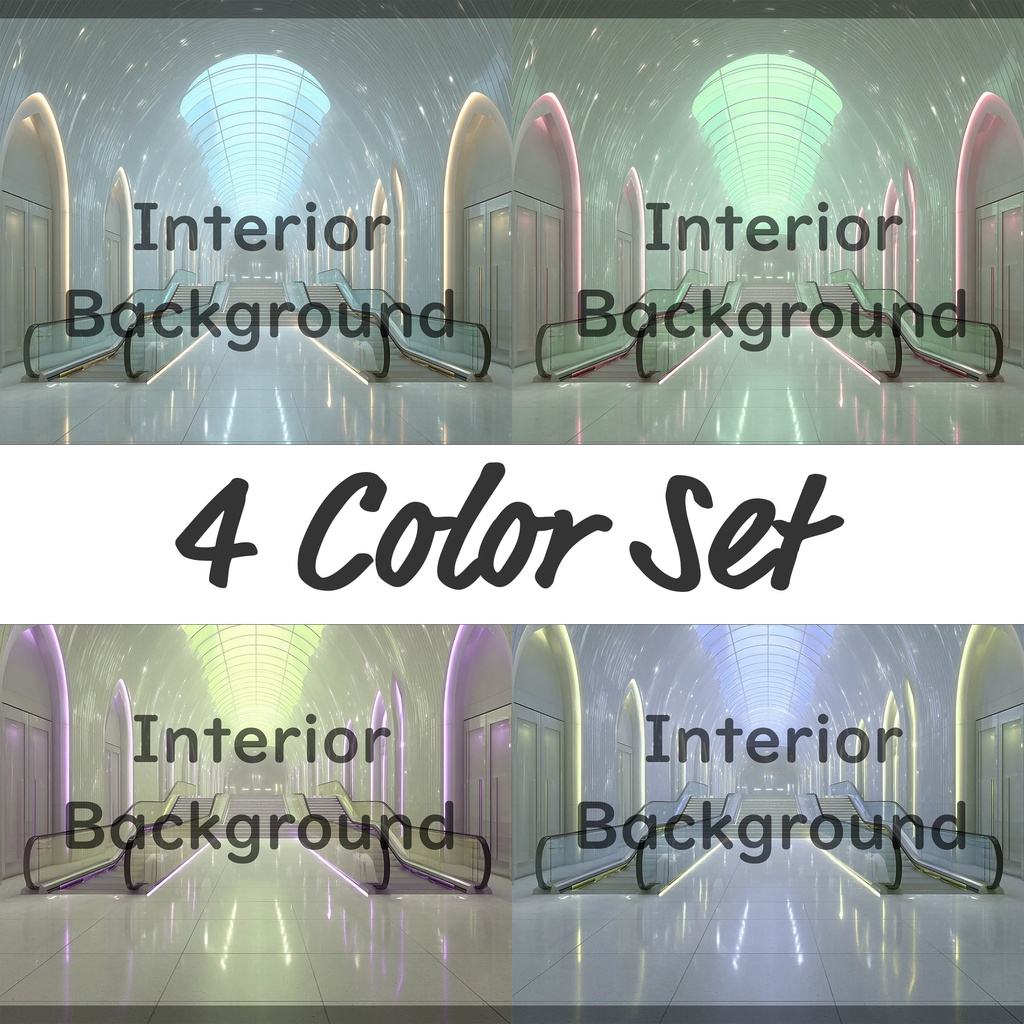 01_真珠壁ホール空間エスカレーター背景｜光反射フロア建築デザイン（4色セット）