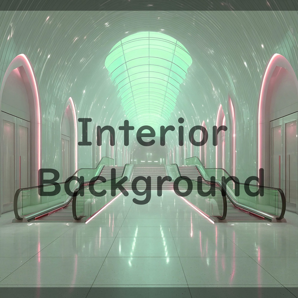 01_真珠壁ホール空間エスカレーター背景|光反射フロア建築デザイン(4色セット)