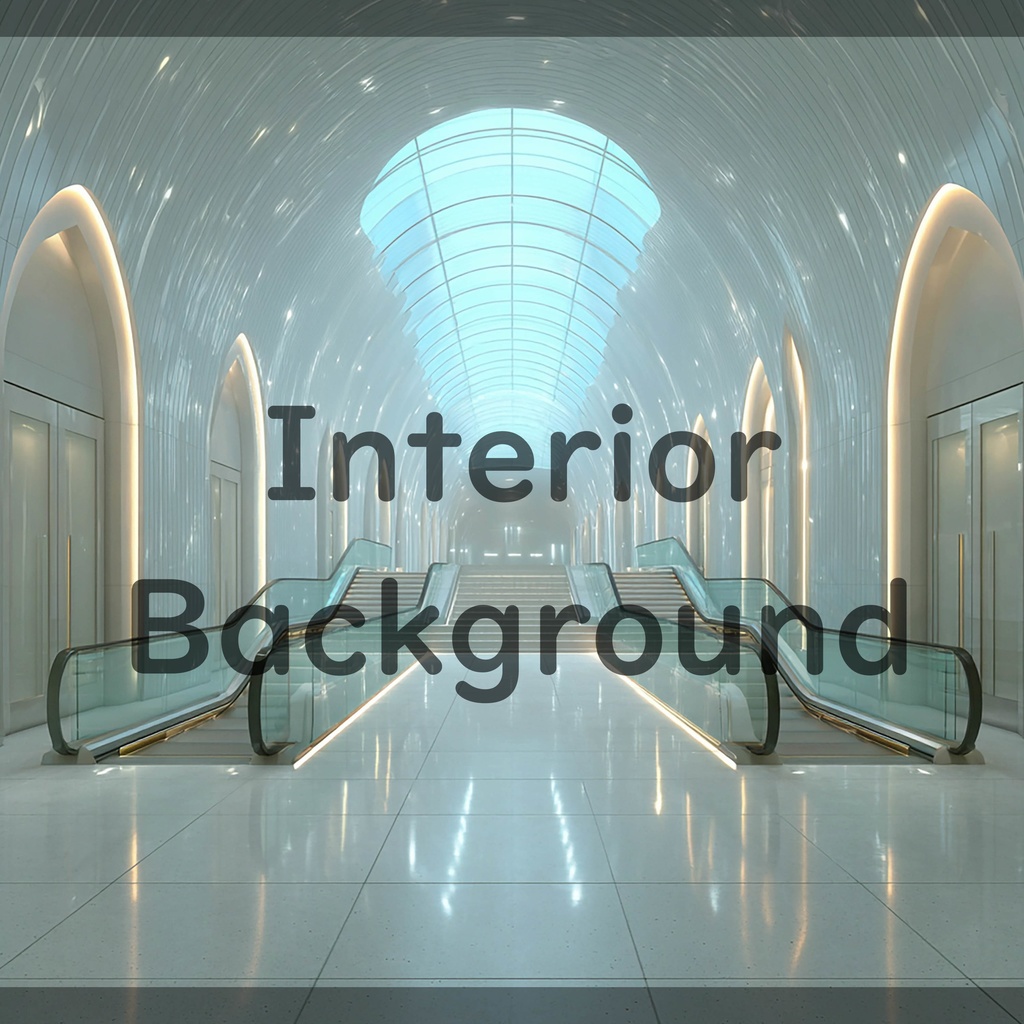 01_真珠壁ホール空間エスカレーター背景|光反射フロア建築デザイン(4色セット)